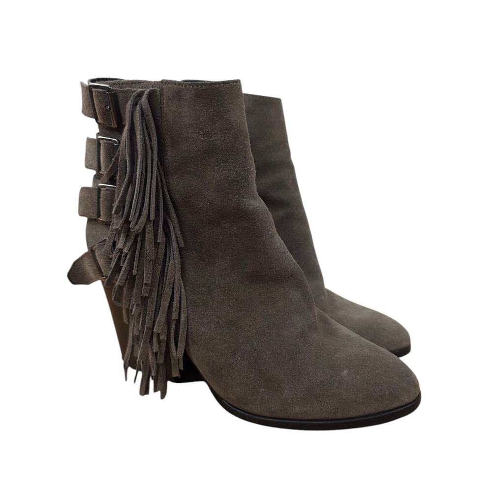 The Kooples Boots Gray Suede Cowboy Fringe Buckle Western Heels Size 38 8US